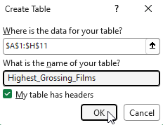 Naming a table when creating it in Microsoft Excel Naming a table when creating it in Microsoft Excel