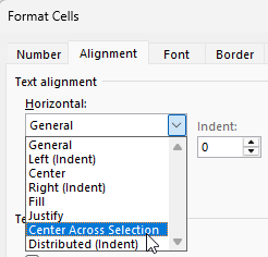 Choosing the Center across selection option in Excel's Format Cells dialog box. Choosing the Center across selection option in Excel's Format Cells dialog box.