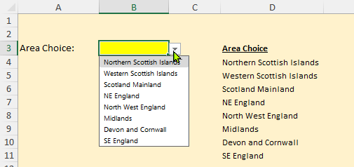 Example of a drop-down list of choices