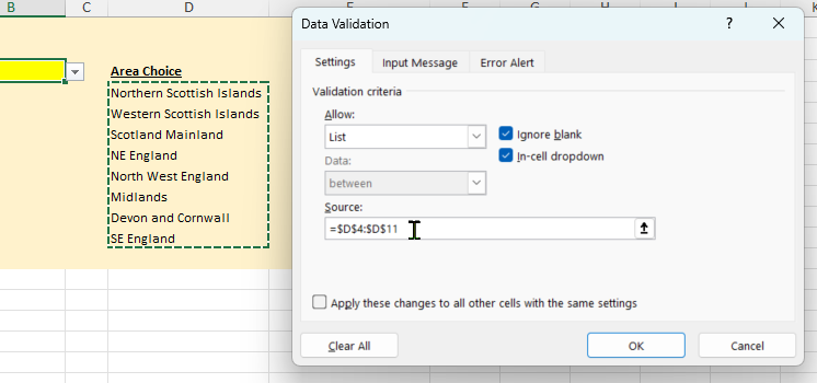 Using the Data Validation menu to create a drop-down list of options from cells D4:D11