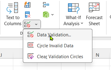 The Data Validation menu option