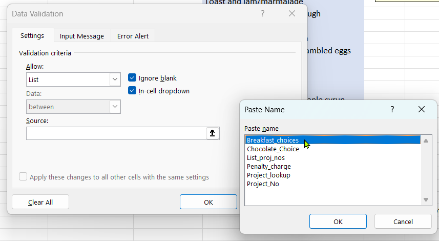 You can press F3 to choose your rnage name in the Source box